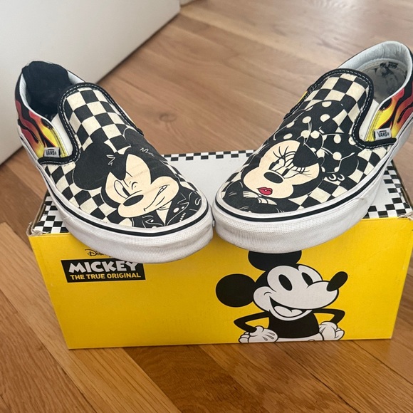Vans Shoes - Vans Disney Mickey and Minnie Checkered Slip-Ons with Flames
